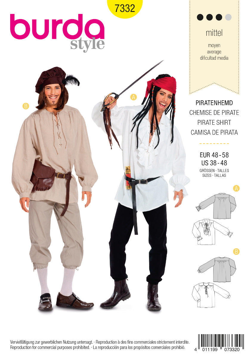 Burda 7332 Men's Costume - Pirate Shirt Size: 38-48 Uncut Sewing Pattern